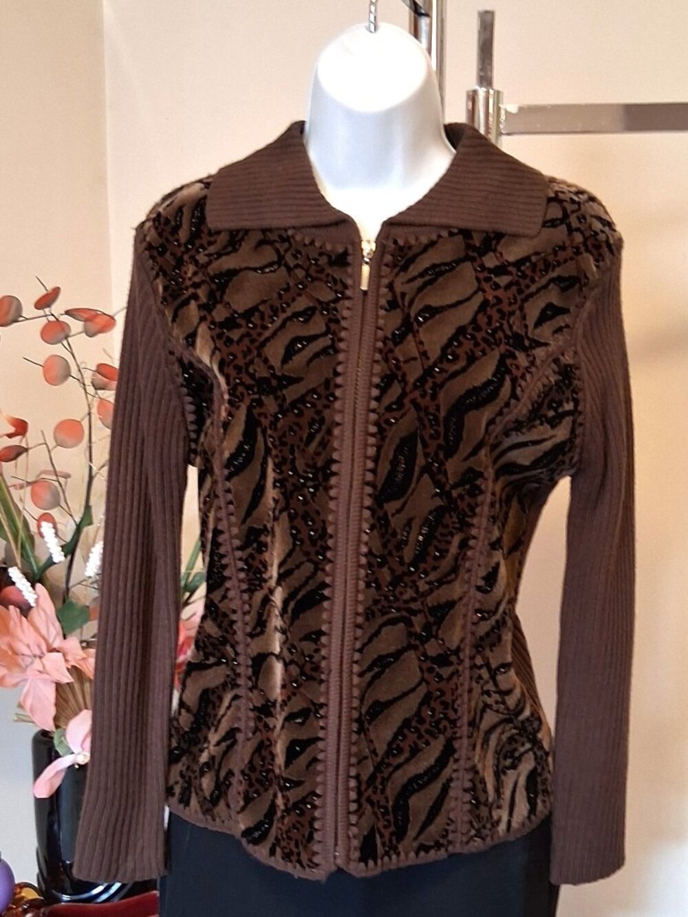 Quality Structured Knit Zip-Up Cardigan Sweater Women M Office Fall Winter Chic